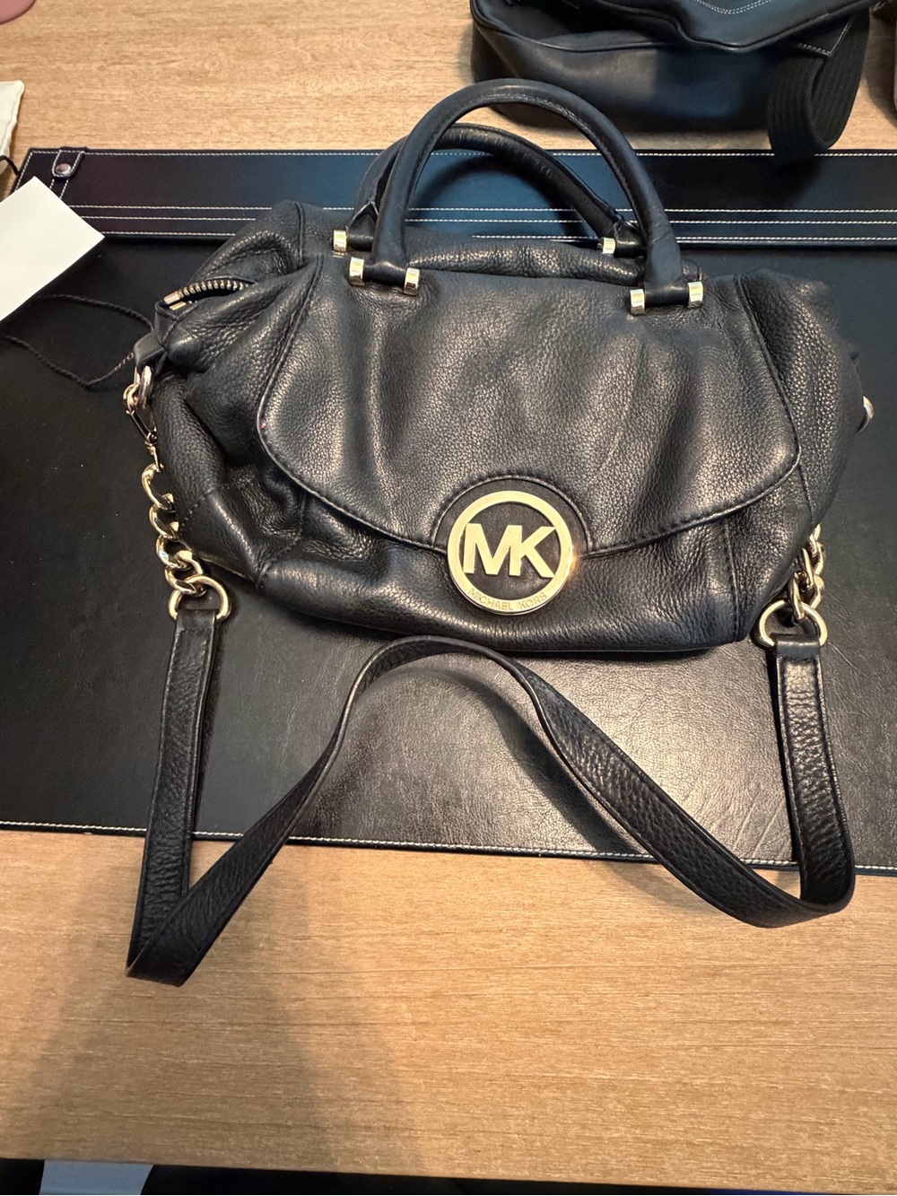 Michael Kors Black Leather Shoulder Satchel with Gold MK Emblem